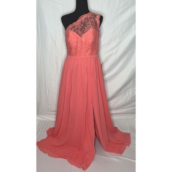 NWT JJs House Watermelon One Shoulder Long Lace Chiffon Bridesmaid‎ Dress US10 - Picture 6 of 14